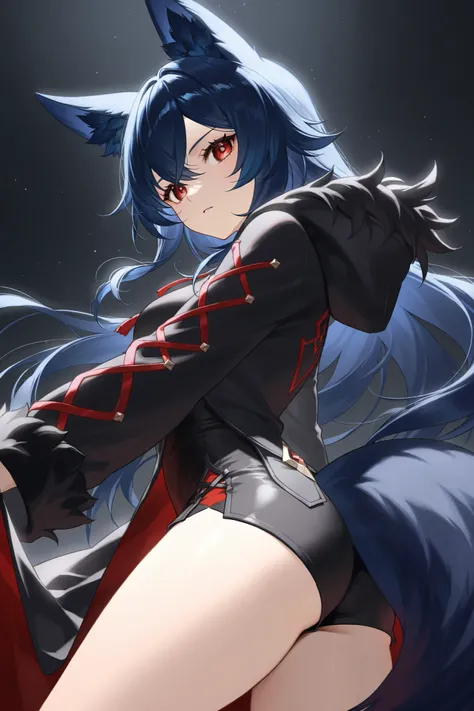  fox ears、Dark blue hair、 long hair、Fox Tail、Dos black red eyes、hooded feather coat、 best thighs、 Genshin、