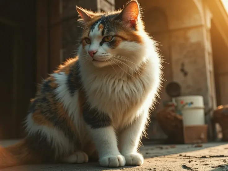 a cute giant calico cat, sunrise on the first day of the year in a cat house ,mysterious and divine, shiny scales, symmetrical, gods shidai, sunshine, facing forward, realistic and realistic, motion blur, top quality, 