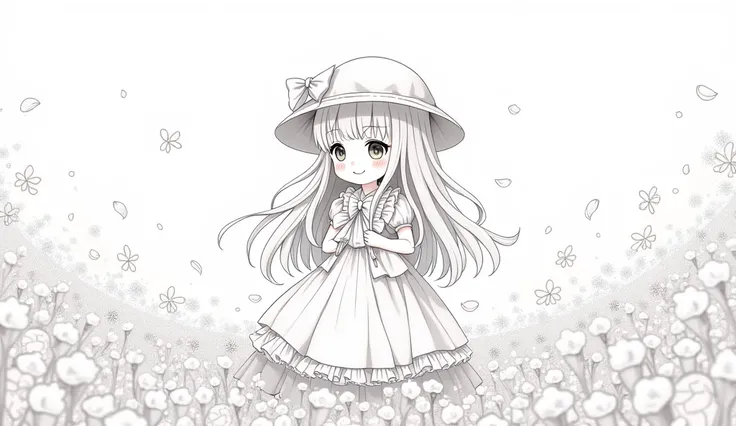 Igirl, solo, long_hair, smile, bangs, skirt, shirt, long sleeves, hat dress, bow, holding big water bottle, frills, hair_flower, petals, center_frills, bonnet, flower field, line art, monochrome, (best quality, masterpiece, Representative work, official ar...