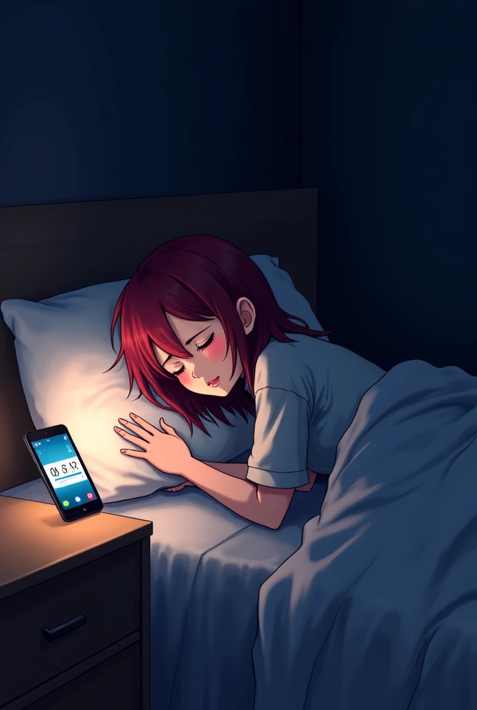 A girl with dark red hair up to her shoulders sleeps in a short shirt and shorts half covered with a white blanket. The bed is next to a bright wall . The room is night and dark. The alarm clock rings on the phone, the light comes only from the phone.  ani...