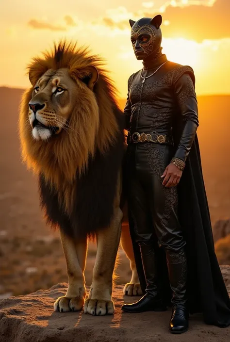 "A powerful and majestic scene featuring a regal lion with a thick, golden mane, exuding strength and nobility. The lion stands proudly beside its mysterious owner, who is fully masked and dressed in a sleek, elegant outfit with intricate patterns and dark...