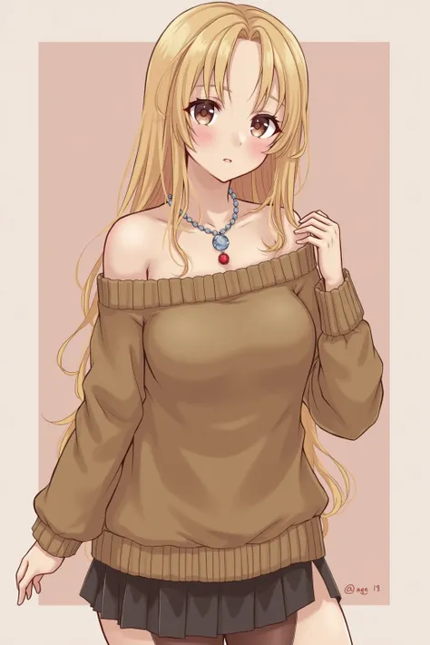 1girl in, age19, Solo, Long hair, nice tits, Looking at Viewer, blondehair, Bare shoulders, Brown eyes, jewely, Full body, a necklace, off shoulders, Sweaters, Realistic, brown ooversized off the shoulder sweater 