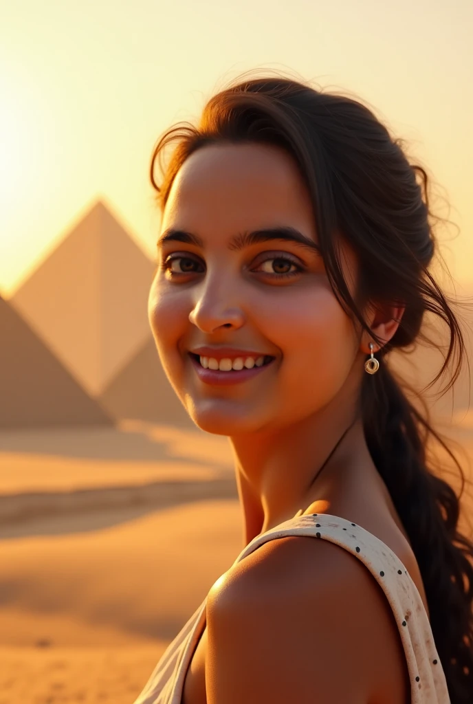 I want only her face in the picture and for this girl to be smiling in Egypt with the pyramids in front of her in the evening