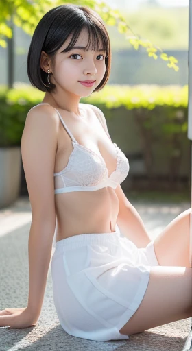 (White bra, White pantie), (sit with hugging your knees:1.3), (full length, whole body, Turn your body to the front), (black hair, , (slim waist and small breasts style, short height:1.2), short bob hair, aqua eyes, blush stickers, one little heart earring...