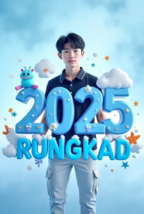 Photo of a handsome Korean boy with undercut black hair.He was standing in front of the big name "2025 RUNGKAD". He was wearing a black and white polo shirt and white cargo pants. The man stands behind the big one, The man sits behind "2025 RUNGKAD" writte...