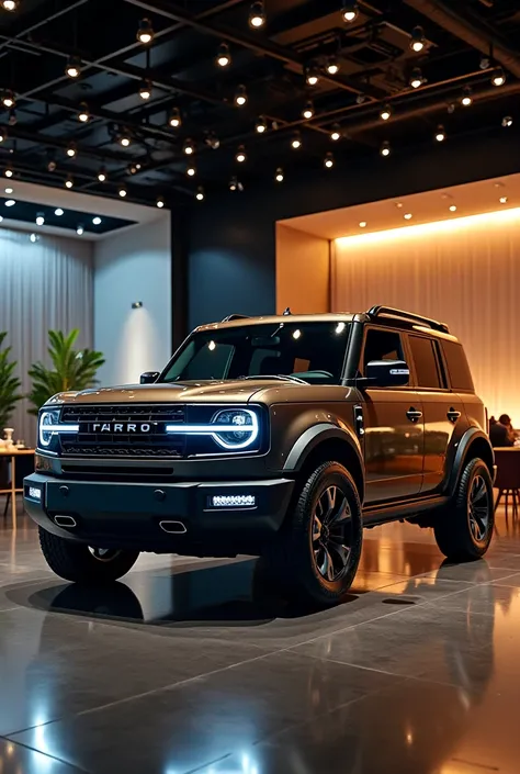 Generate a right side view of Ford bronco sports at Luxury showroom.