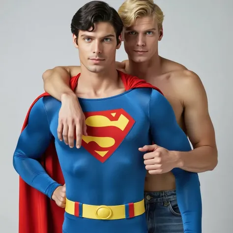 portrait-style photograph featuring a sexy couple. The man in the foreground is wearing a blue superhero suit, resembling a Superman. The man  behind him, with blond hair, is shirtless dressed in jeans. he is embracing the man in the costume from behind, w...