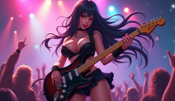  A stunning anime-style female character with a voluptuous figure, large breasts, and a deep cleavage, wearing a stylish outfit with a short skirt. She is passionately playing an electric guitar, her long hair flowing dynamically as if caught in the wind. ...