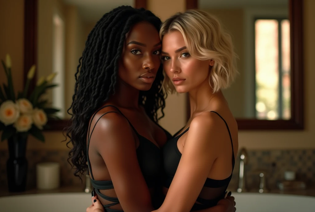 two woman in a black lingerie posing in a luxurious bathroom, loving couple cuddling and hugging cheek to cheek looking to the camera, both very seductive, one lady afro-american top model with straight braided hair, one white top-model well sun-tanned wit...