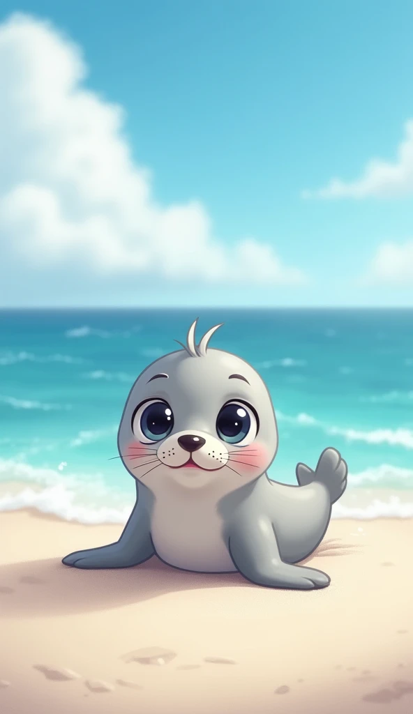 A cute silver color sea lion pup, weak and stranded at beech , struggles to move in the sea , flippers barely twitching ( its a cute cartoon scene)