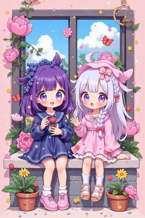   highest quality,  official art ,wallpaper,90s cartoons,  slightly retro colors  ,  riso print style,illustration,  cute,(2 girls),yinji, (  purple hair ,   purple eyes  ,   long hair, White hair, Double braid,   gradient hair color  ),Flowers,window,flow...