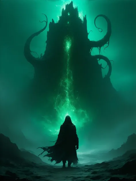 Eldritch Horror, tentacles, biomorphism, macabre, Lovecraftian, glowing runes, island temple, hooded cloak, terror, cliff overlooking the sea, dark surrealism, high detail, masterpiece. 