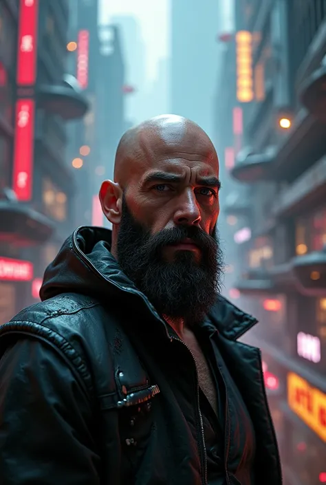 Bald man in a cyberpunk city with black beard 