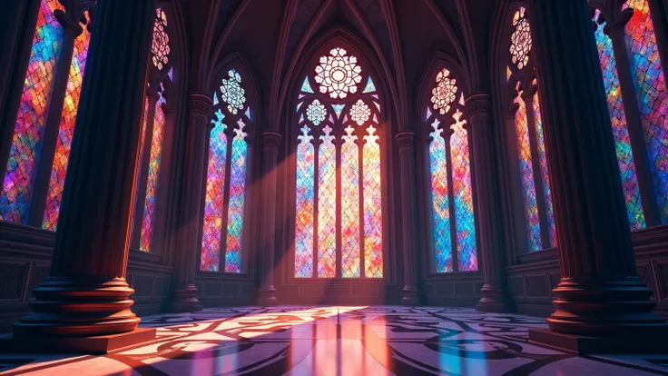 Develop a graphic piece inspired by the intricate patterns and colorful reflections of stained glass windows in a cathedral.