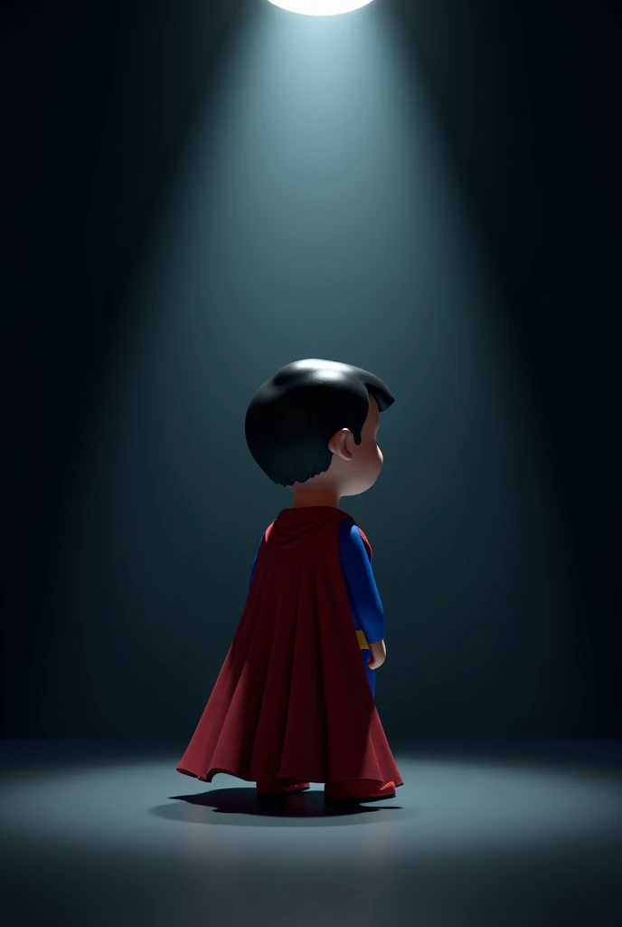 3d cartoon superman being lonely in a dark room under spotlight 