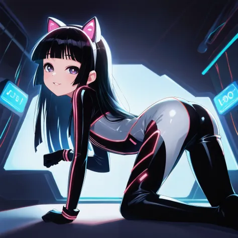 tsugumigc,aged up, age16, solo, (a slender girl, small chested,) long hair, black hair, hime cut, purple eyes, fake animal ears, hairband, 
 TsugumiSuit, two-tone suit, glossy suit, black bodysuit, grey bodysuit, neon luminescence trim, 
all fours, facing ...