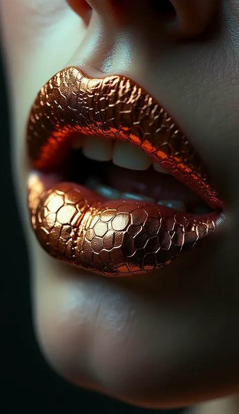 A close-up of a pair of lips covered in a realistic snake-like texture, designed to resemble lipstick with intricate, glossy reptilian scales. The scales should have a luxurious blend of copper and gold tones, creating a striking and hypnotic effect. The t...