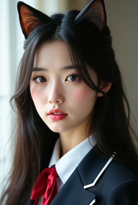  um, an 18-year-old girl with cat ears , She has an arrogant expression and is cute, but , A beautiful Korean girl with long hair and a gorgeous appearance and wearing a high school dress