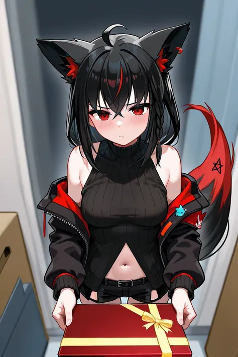 Kurokami Fubuki, fox girl, black hair, braid, ahoge, animal ear fluff, fox tails, red eyes, slant eyes, medium breasts, black jacket, corp top, black sleeveless sweater, black short shorts, belt, navel, Valentine, pass the box,