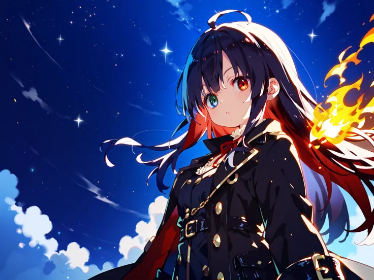  starry sky 、 one girl( heterochromic iridosis eye(Red and Blue)、 dark hair( with long hair 、 straight hair)、 black trench coat)、 spread both arms left and right、Magic from your hands(Ice from right hand 、 fire from left hand)、背後にRed and Blueの魔法陣