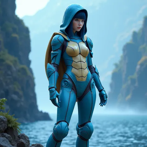 - Photorealistic with perfect details, Cinematic, Masterpiece, HD, Sexy CGI.

- Beautiful "Korean" woman with blue eyes.

 - Wearing a costume ("Full Sexy Armor"), a costume that embodies the form of "Squirtle-Pokemon.
(The Chest and Thigh Armor are open)....