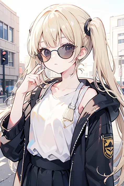  top quality， best image quality，'s greatest masterpiece，4K， blonde，Black Eyes，My dark eyes want this， with long hair ， twin tails， I'm wearing round slightly smaller sunglasses， black sunglasses，non-sleeve shirt，Casual attire，Put on a jacket， Highlights， ...