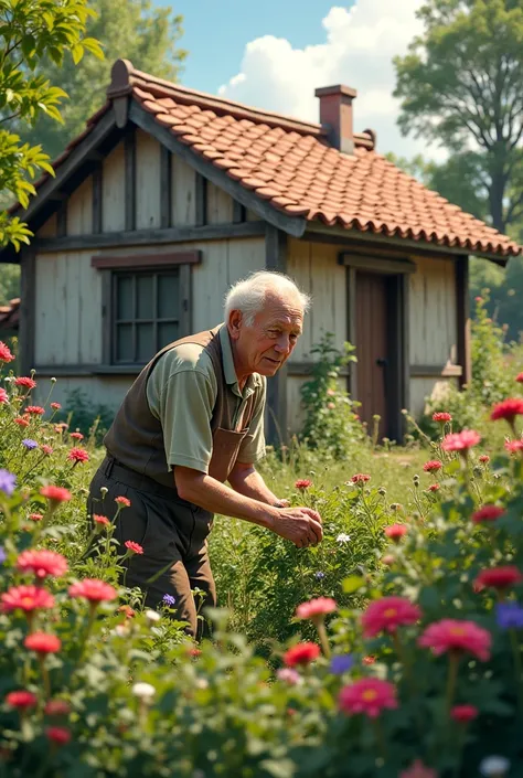 An old man working in the garden with his . A traditional house standing in the Sentra garden. 