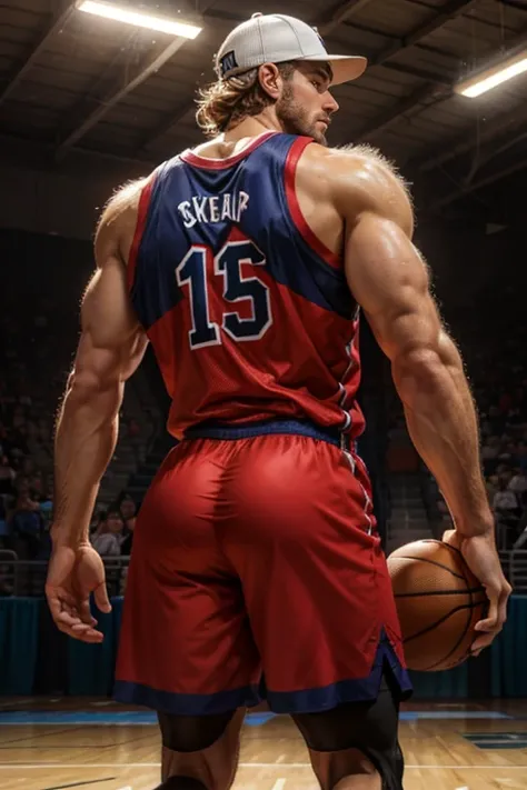 an epic illustration of an epic basketball player, lean, big hairy chest, wearing a backwards hat, great detail. good lighting, big hairy butt, at a basketball court, Facing away