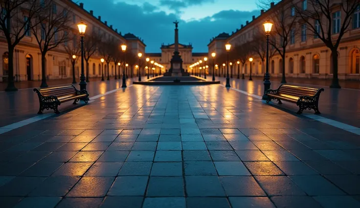 A hyperrealistic image captured with the smooth, cinematic movement of a drone over a large, completely empty square, shows a cobbled or marble floor, revealing textures, lonely benches and streetlights still on if it is early in the morning or at dusk.

T...