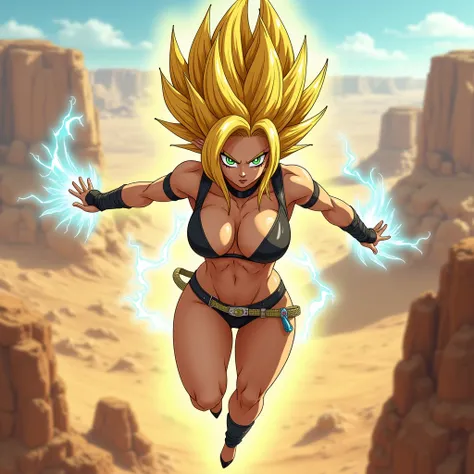 Describe a sexy Saiyan woman flying in the desert and she has yellow spiky hair and a yellow Aura around her with blue rays around her make her look like a whopher and she wears sexy clothes and has big breasts and a big body she has green eyes
Dragon Ball...