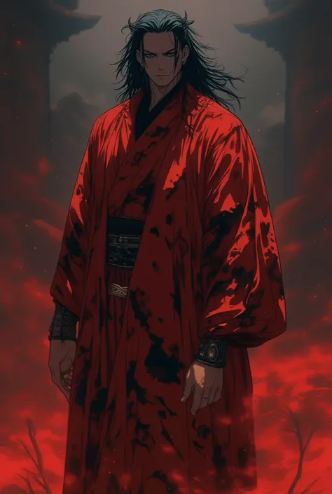 Create a Taoist, he is the leader of the heavenly demon cult.,  uniform with long black hair,  black eyes, wear a red robe with black details, he is 30 years old, He is very muscular 