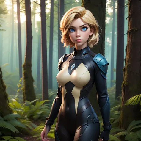 masterpiece, best quality, very aesthetic, absurdres,
realistic,render, 3D,
1 Girl, Sergeant Calhoun, blonde hair, short hair, blue eyes,
armor, bodysuit, upper body translucent, covered nipples, full body, looking at viewer, solo, candy-forest,  