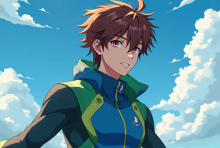 je veux des personnage artificial l'univers de l'anime inazuma eleven victory road au cheveux bruns et les yeux rouge en forme dragons stylé artificiel uniform bleu et vert de sport futurist artificiel avec des regard menaçant generé par IA artificiel#art ...