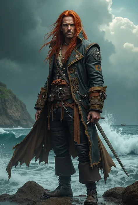 waist long red hair, leather coat, tight pants, pirate