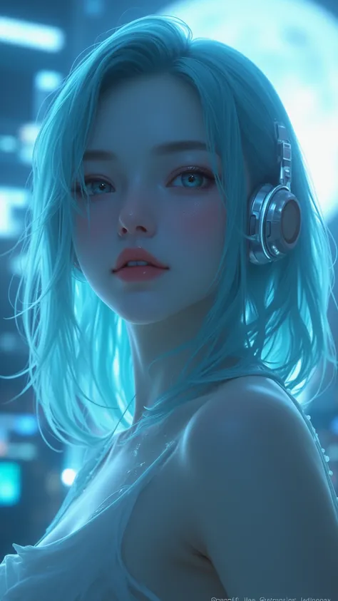 White Moonlight Girl   ， Smooth and Fluffy Skin， Sweating， sexy lips， Aqua Blue Hair ，long hair，earphone， Futuristic Style Wearing ， full body shot ，（Realistic：1：4）， High detail， HD 