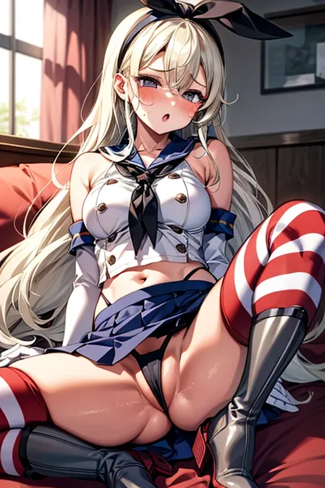 Island Breeze,  with long hair 、 blond hair、 headband、 gray eyes、 regular breasts、Elbow Handbags、 striped knee socks、 High Leg Panties、 blue pleated skirt 、 boots、 [Sleepy eyes, ,   spread legs,  leg up,  show legs, cat, cat juice,  is shaking,   heart sym...