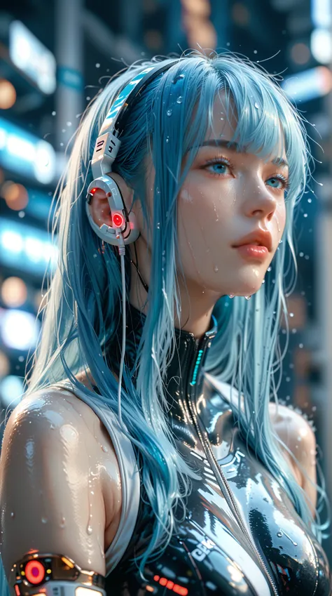 White moonlight girl  ， Smooth and Fluffy Skin， Sweating， sexy lips， Aqua Blue Hair ，long hair，earphone， Futuristic Style Wearing ， full body shot ，（Realistic：1：4）， High detail， HD 