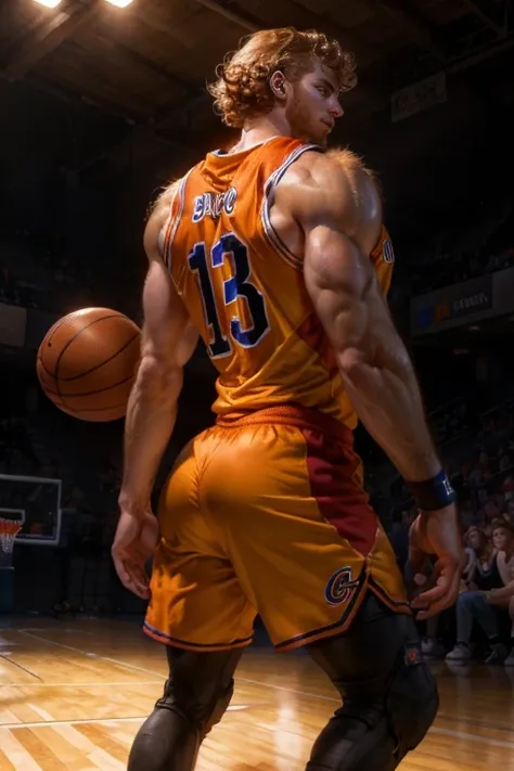 an epic illustration of an epic basketball player, lean, big hairy chest, wearing a basketball uniform, great detail. good lighting, big hairy butt, at a basketball court, Facing away, curly ginger hair