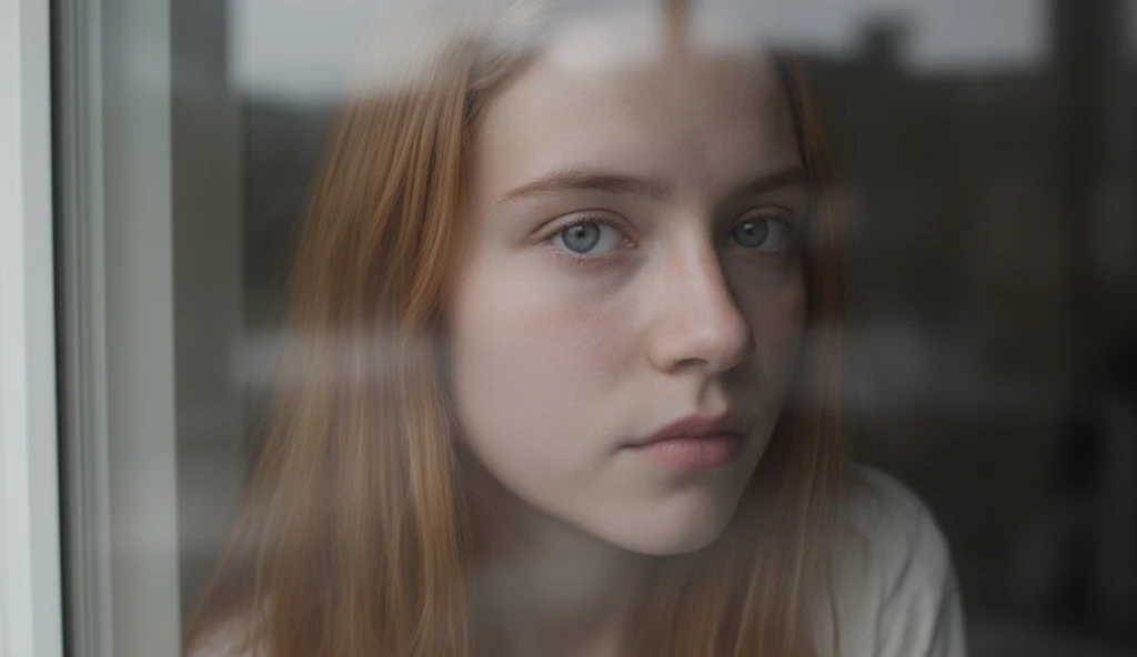 18 year old girl with straight red hair big blue eyes, behind the window, behind the glass, reflection on the window, long hair, 1girl, three-quarter profile, portrait, camera eye level, pure white skin, clean skin, clean face, baby face, realistic face, r...