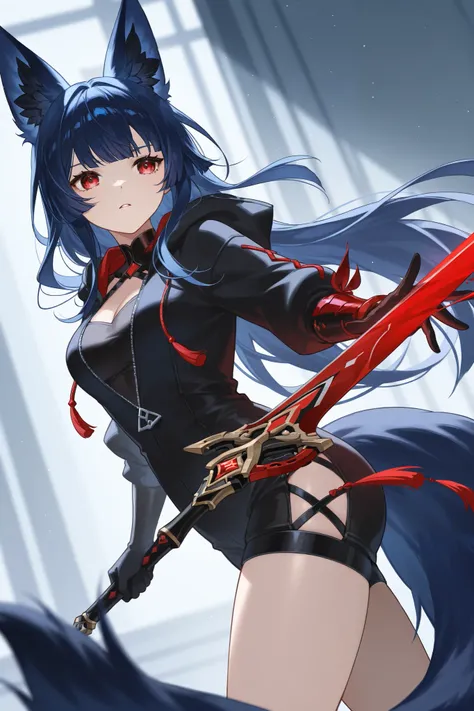  fox ears、Dark blue hair、 long hair、Fox Tail、Dos black red eyes、hooded feather coat、 best thighs、 Genshin、Mechanical Sword、bleed