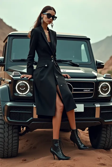 Create me a photo set in which I'm sitting on top of a Mercedes jeep and I'm dressed in Chanel