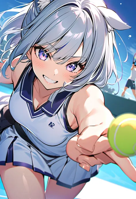 winter，smile， girl with dog ears，           Silver Hair，     Japan， White Ear，  smile，tennis，Close race