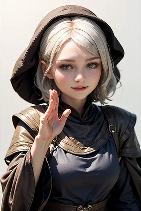 Peasant woman from " Game of Thrones", short white hair, brown eyes, Dynamic pose raised hands, Expression happiness, Iluminación natural, ultra resolution , plain white background , without patterns, No textures.