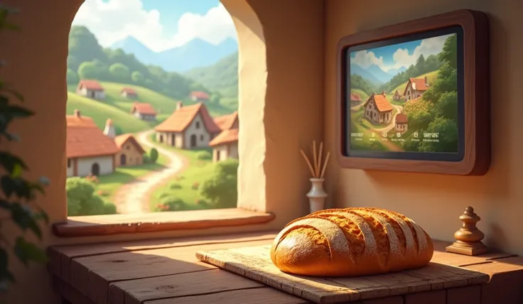 a bread at pc with a village view behind and at the wall writes Restiya Interactive