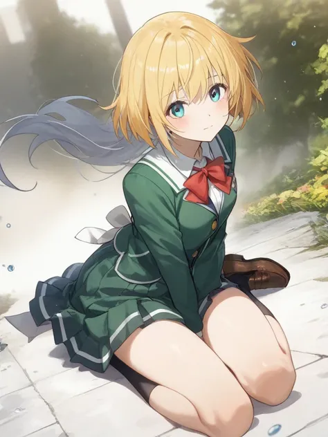 long blonde anime girl sitting on the ground, Shitao  , Pixiv,  self destructive art,  cute girl anime visual, Beautiful anime school girl ,  Perfect Blonde Girl  ,  splash art anime Lori ,  anime art with beautiful details,  Fleet Collection Style  ,  Bes...