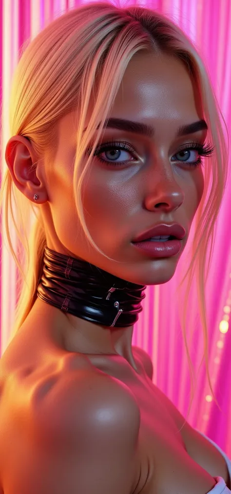 ((beautiful western model:1.8)),(photorealism: 1.4),( hot girl brown skin),(complex and realistic skin texture:1.4),face view,close face side view,closeup face view,18years old,insane extremely long hairs,futuristic blond hairs,cyberpunk,very skinny, naked...