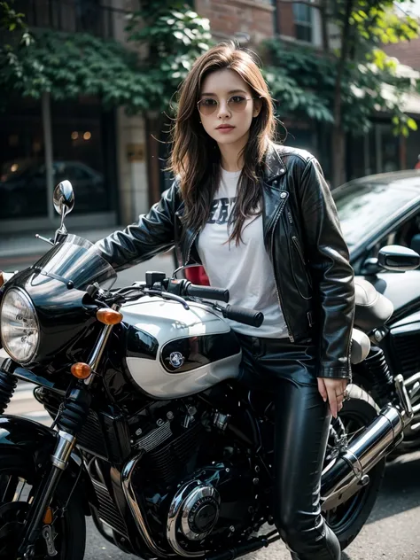 A beautiful woman, (1girl, solo, 23yo), stunning, (medium wavy dark-haired), (pale skin:1.2), lifelike rendering, she wears (RayBan Aviator Sunglasses, leather jacket, Casual T-Shirt, leather gloves, leather pants, leather boots), Riding a Heavy BMW Motorc...