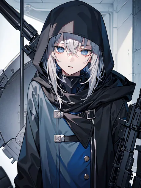  downer creepy high school boy, shortcuts, Gray Hair,  top quality,  textured skin, Sleepy Blue Eyes ,  black hood , Character Portrait, Wearing a hood,  anime style, Moist and glossy lips,anti-tank rifle 