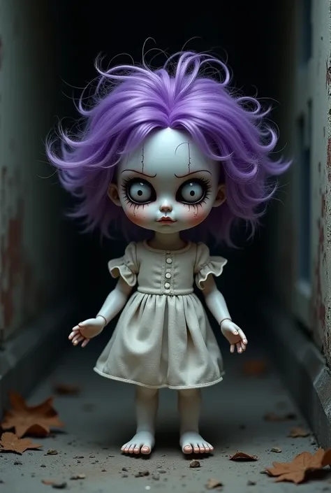 (photorealism:1.2), little purple-haired very creepy haunted doll