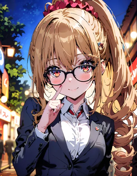 , 1 girl, Alone, Aibastb , blond hair,  long hair,   drill hair ,  high ponytail,  red eyes ,   hair scrunchies under the arms ,Glasses,smile,blush, close your mouth, suit,  pencil skirt in the mouth,  jacket ,  shirt,rib tights ,  black pantyhose,  pin he...